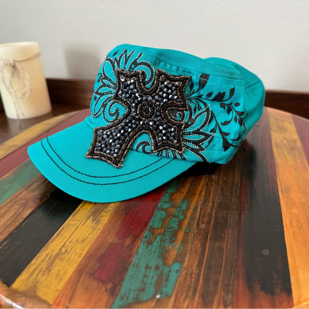 Turquoise Women's Military-Style Cap with Beaded Cross